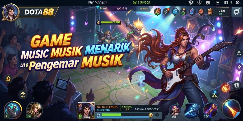 Screenshot DOTA88 menampilkan gameplay yang dinamis dengan alat musik.