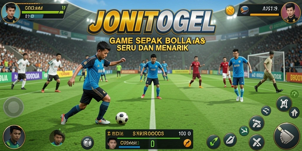 Tampilan gameplay JONITOGEL yang penuh aksi di lapangan sepak bola.