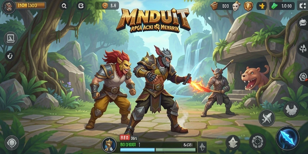 Screenshot gameplay MNDUIT menunjukkan pertarungan epik dan petualangan yang seru.