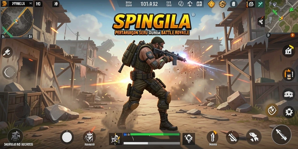 Screenshot gameplay SPINGILA menampilkan aksi seru dalam pertarungan Battle Royale.
